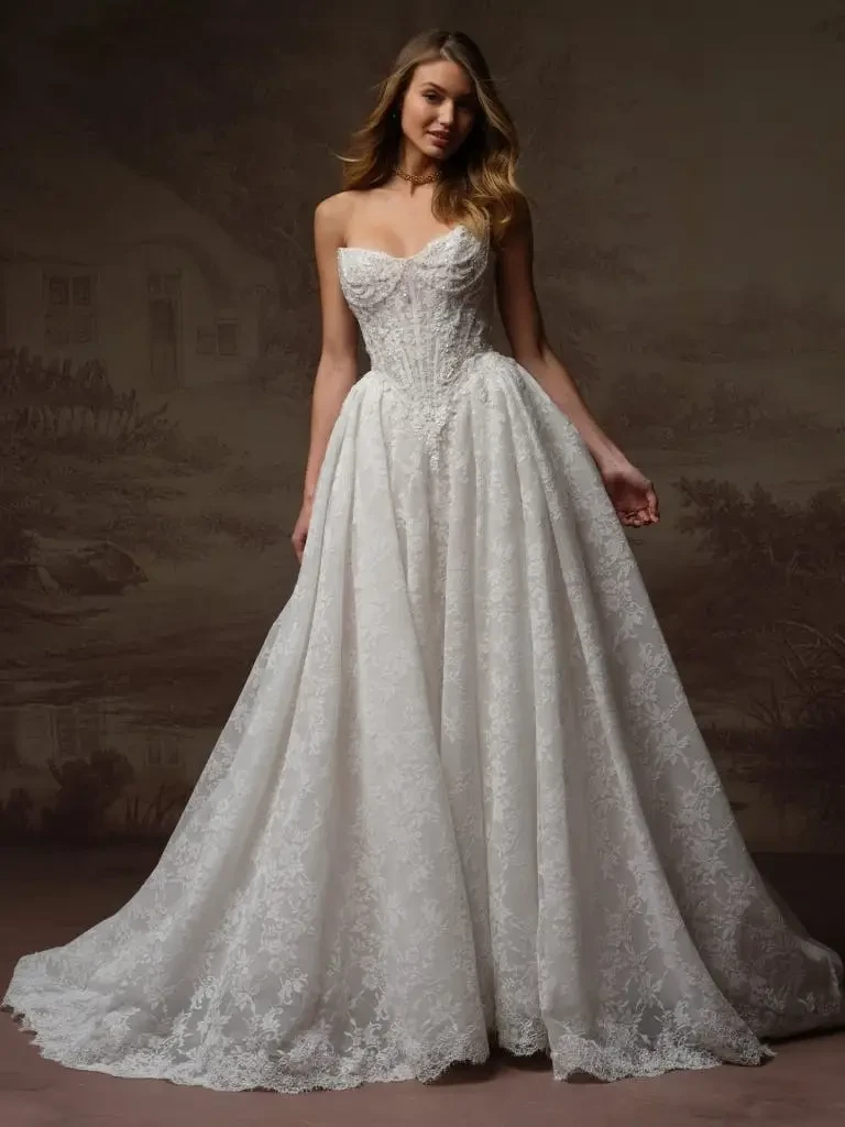 A woman is wearing a elegant white wedding dress with intricate lace detailing, featuring a strapless neckline and a full skirt. The background has an artistic, vintage appeal.