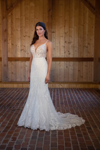 Essense of Australia Style #D3488 #2 (IVRM-PL) Ivory Lace & Tulle over Rum Gown w Porcelain Tulle Plunge thumbnail