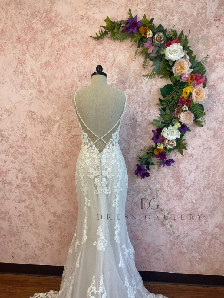 french inspired bridesmaid dresses Elegant French Lace Wedding Dress with Belted Waist and Long Sleeves P –  WonderlandByLilian main image 0